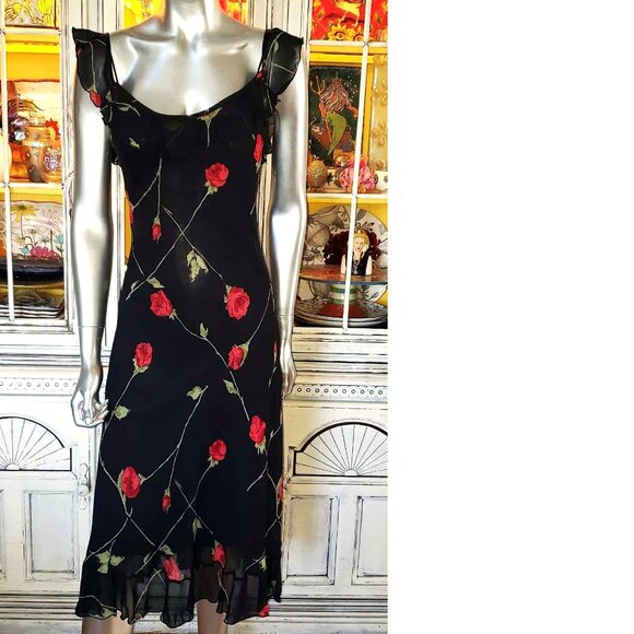 Vintage Betsey Johnson New York 90s Black Floral Red Rose Milkmaid Slip Dress S - Picture 3 of 15
